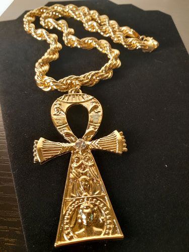 GOLD ANKH MEDALLION WITH THICK GOLD PLATED ROPE CHAIN
