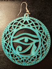 Load image into Gallery viewer, AQUA BLUE ANCIENT EGYPTIAN ALL SEEING EYE EARRINGS