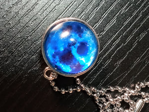 BLUE MOON DOUBLE SIDED GLASS BALL  PENDANT NECKLACE